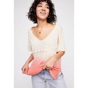 We The Free FP Sun Dial V-Neck Linen Blend Waffle Tee XS Colorblock Ombre Coral